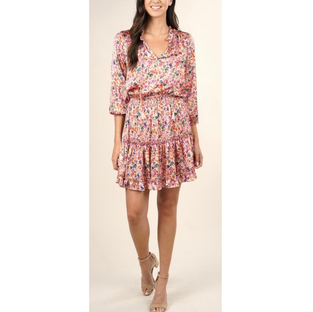 Lovestitch Rose Pink Floral 3/4 Sleeve Smocked Waist Tiered‎ Ruffle Flare Dress